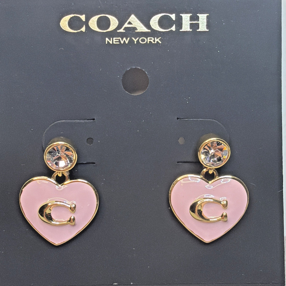 Coach Heart Drop Earrings Pink Enamel Gold C Logo NWT on Card + Dust Pouch